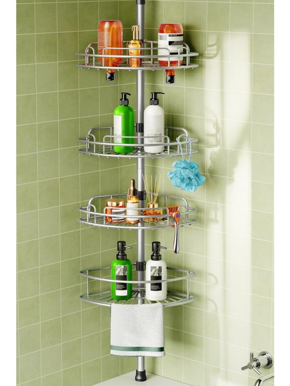 HAMITOR Corner Shower Caddy Tension Pole 4 Tier Rustproof Shampoo Organizer